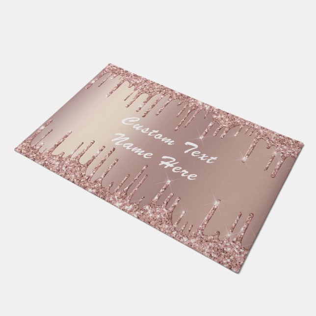 Rose Gold Glitter Custom Text Your Name Doormat (Angled)