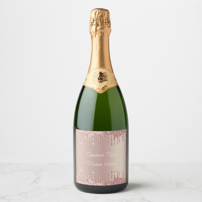 Rose Gold Glitter Custom Your Text Name Sparkling Wine Label (Front)