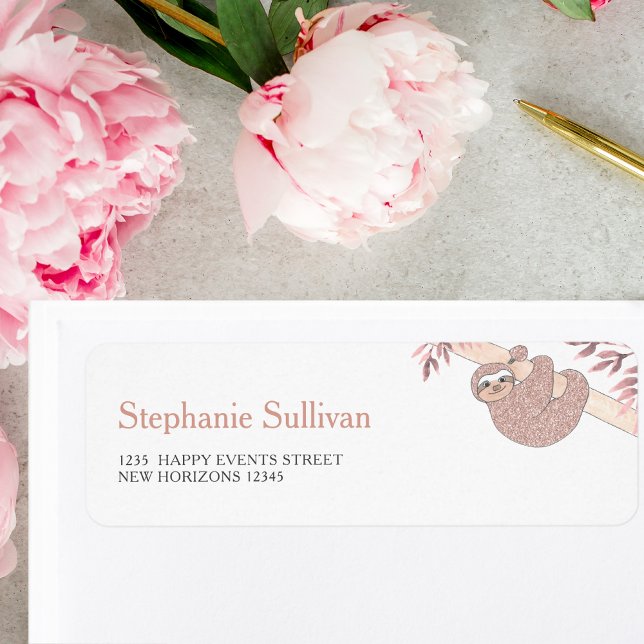 Rose Gold Glitter Cute Sloth Return Address (Creator Uploaded)