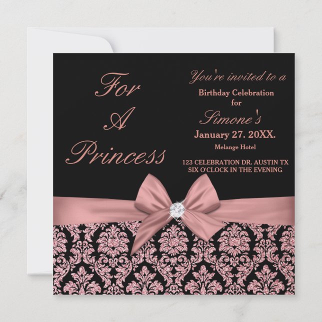 Rose gold glitter damask 40th Birthday Invitation (Back)