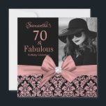 Rose gold glitter damask 70th Birthday Invitation<br><div class="desc">Rose gold glitter black damask | 70th Birthday Invitations. Seventy and Fabulous! A beautiful modern elegant pink rose gold glitter floral damask 70th Birthday Party Invitations you can personalise and send out your seventieth birthday party celebration. At the centre pretty pink bow. Replace the sample photo with your own. The...</div>