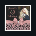 Rose gold glitter damask 80th Birthday photo Napkin<br><div class="desc">Rose gold glitter black damask | 80th Birthday paper napkin. Eighty and Fabulous! A beautiful modern elegant pink rose gold glitter floral damask 80th Birthday Party napkin you can personalise your eightieth birthday party celebration. At the centre pretty pink bow. Replace the sample photo with your own. The words "80...</div>