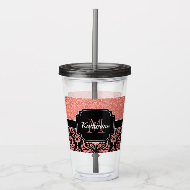 Rose Gold Glitter Damask Acrylic Tumbler (Front)