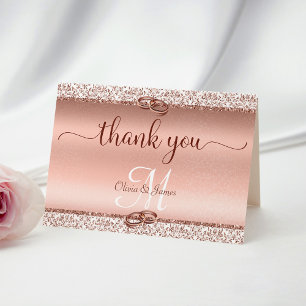 Rose Gold Glitter Damask Metallic Wedding Thank You Card