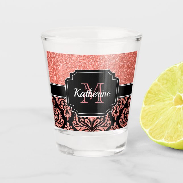 Rose Gold Glitter Damask Shot Glass (Front)