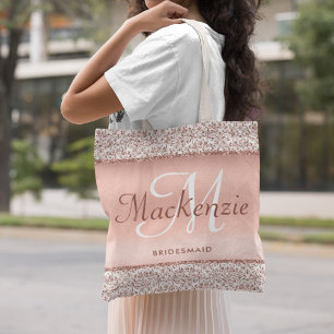 Rose Gold Glitter Damask Wedding Bridesmaid Tote Bag