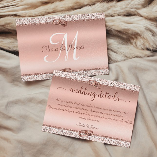 Rose Gold Glitter Damask Wedding Details Enclosure Card (Creator Uploaded)