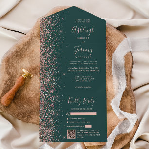 Rose Gold Glitter Dark Green QR Code Wedding All In One Invitation