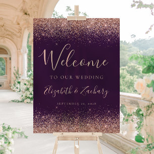 Rose Gold Glitter Dark Purple Wedding Welcome Acrylic Sign