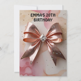 Rose gold glitter diamond bow birthday  invitation
