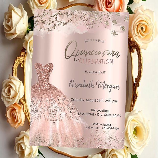 Rose Gold Glitter Diamonds Chic Dress Quinceañera Invitation (Creator Uploaded)