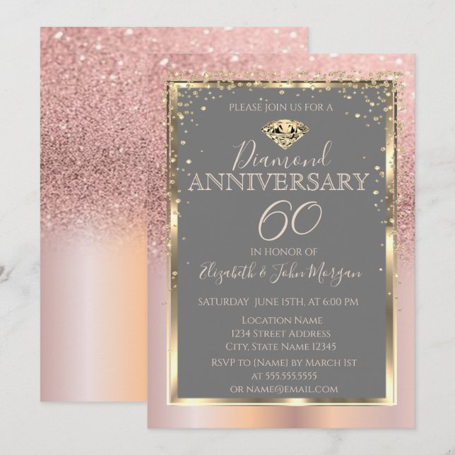 Rose Gold Glitter  Diamonds Wedding Anniversary Invitation (Front/Back)