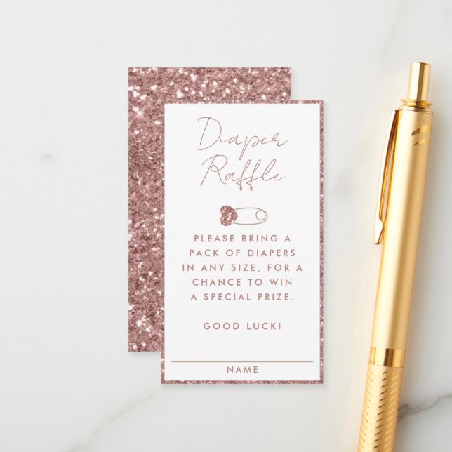 Rose Gold Glitter Diaper Raffle Baby Shower Enclosure Card (Front/Back In Situ)