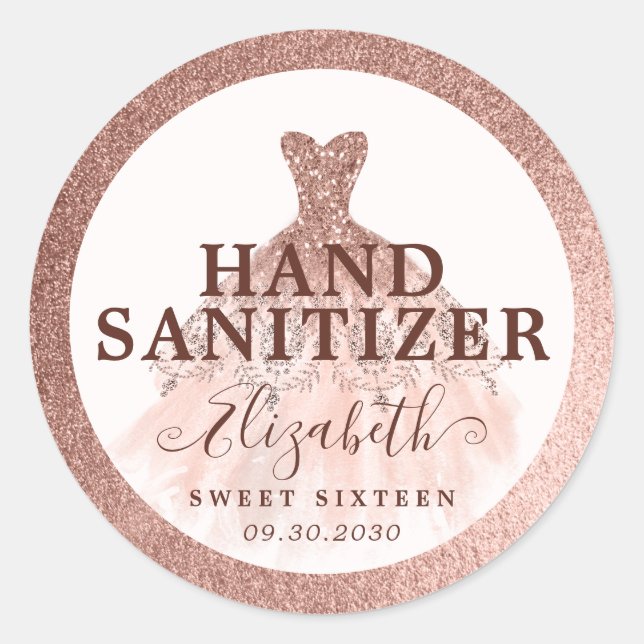 Rose Gold Glitter Dress Birthday Hand Sanitizer Classic Round Sticker (Front)