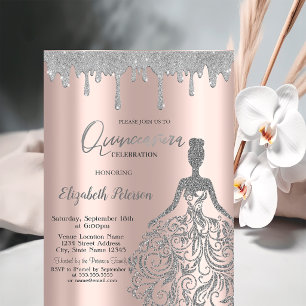 Rose Gold,Glitter Dress Drips Silver Quinceanera Invitation