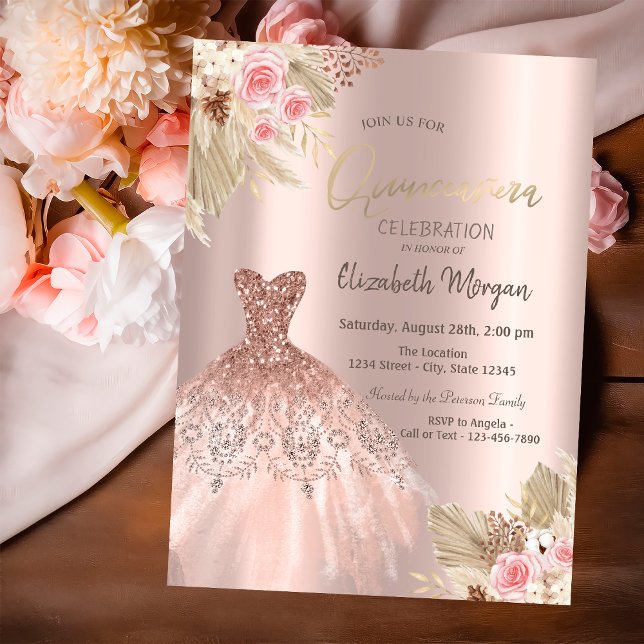 Rose Gold Glitter Dress Flowers Quinceañera Invitation (Creator Uploaded)