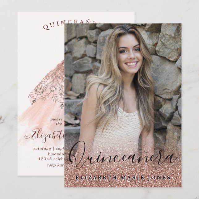 Rose Gold Glitter Dress Photo QUINCEAÑERA Birthday Invitation (Front/Back)