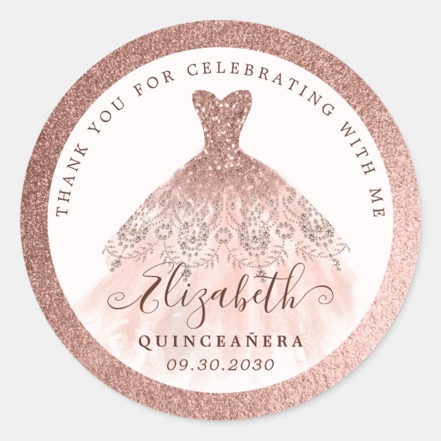 Rose Gold Glitter Dress QUINCEAÑERA Thank You Classic Round Sticker (Front)