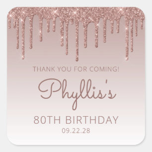 Rose Gold Glitter Drip 80th Birthday Thank You Square Sticker