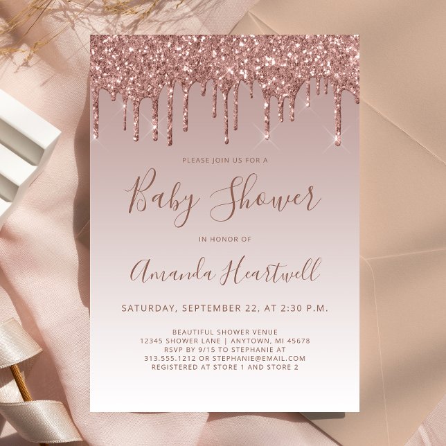 Rose Gold Glitter Drip Baby Shower Invitation (Creator Uploaded)