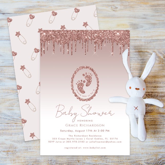Rose Gold Glitter Drip Baby Shower Invitation (Baby Shower Rose Gold Elegant Invite)