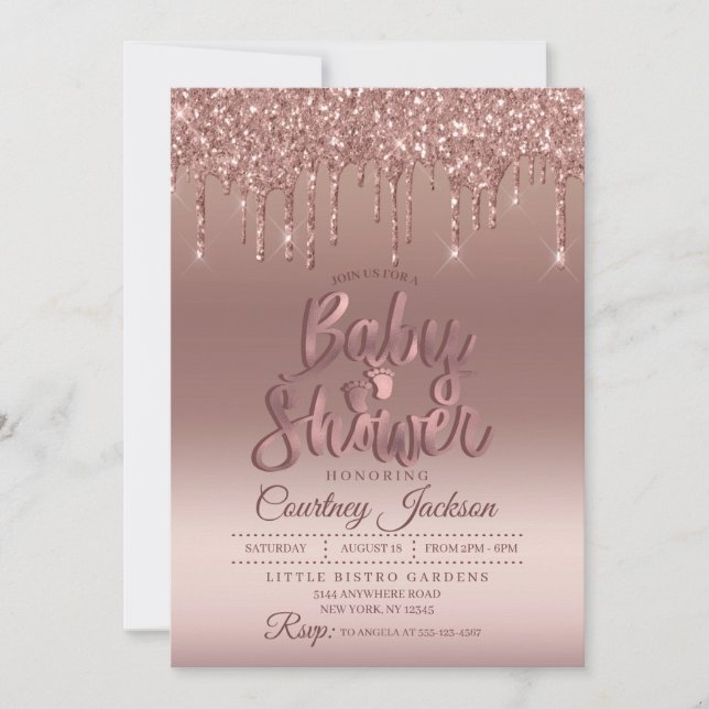 Rose Gold Glitter Drip Baby Shower Invitation (Front)