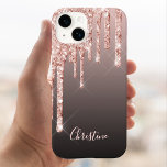 Rose gold glitter drip copper ombre name girly iPhone 15 case<br><div class="desc">An elegant,  girly and glam phone case. Faux rose gold,  copper glitter drip,  paint drip.  Black,  brown ombre background. Insert your name,  written with a modern hand lettered style script. Rose gold coloured letters.</div>
