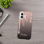 Rose gold glitter drip copper ombre name girly iPhone 16 case<br><div class="desc">An elegant,  girly and glam phone case. Faux rose gold,  copper glitter drip,  paint drip.  Black,  brown ombre background. Insert your name,  written with a modern hand lettered style script. Rose gold coloured letters.</div>