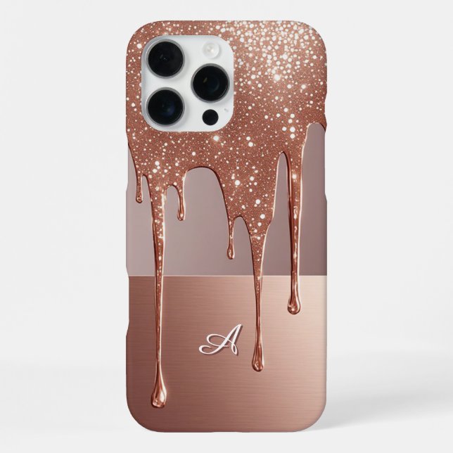 Rose Gold Glitter Drip Custom Name Monogram iPhone Case (Back)