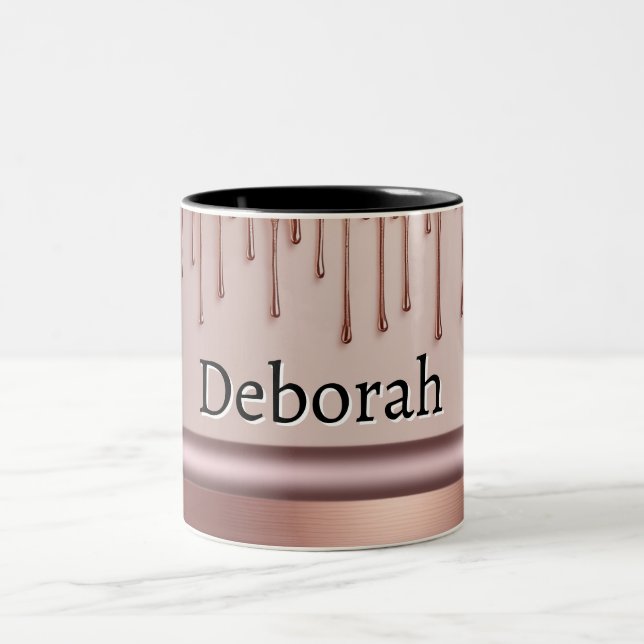 Rose Gold Glitter Drip Custom name Two-Tone Coffee Mug (Center)
