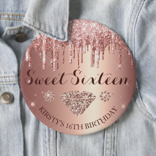 Rose Gold Glitter Drip Diamond Sweet Sixteen 6 Cm Round Badge