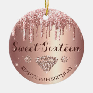 Rose Gold Glitter Drip Diamond Sweet Sixteen Ceramic Tree Decoration