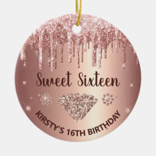 Rose Gold Glitter Drip Diamond Sweet Sixteen Ceramic Tree Decoration