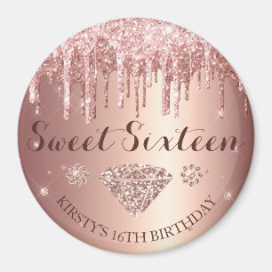 Rose Gold Glitter Drip Diamond Sweet Sixteen Magnet