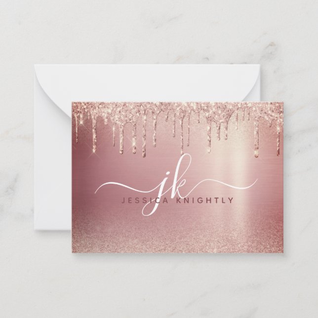 Rose Gold Glitter Drip Elegant Monogram Initials Card (Front)