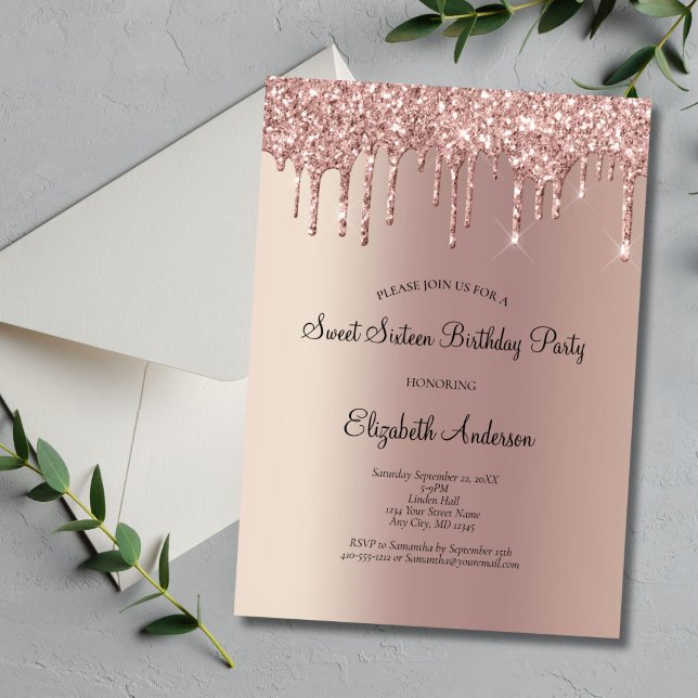 Rose Gold Glitter Drip Glam Sweet 16 Birthday  Invitation (Rose Gold Dripping Glitter Glam Bling Sweet 16 Birthday Party Invitation. Printed or Digital)