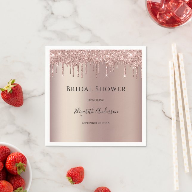 Rose Gold Glitter Drip Glam Trendy Bridal Shower Napkin (Insitu)
