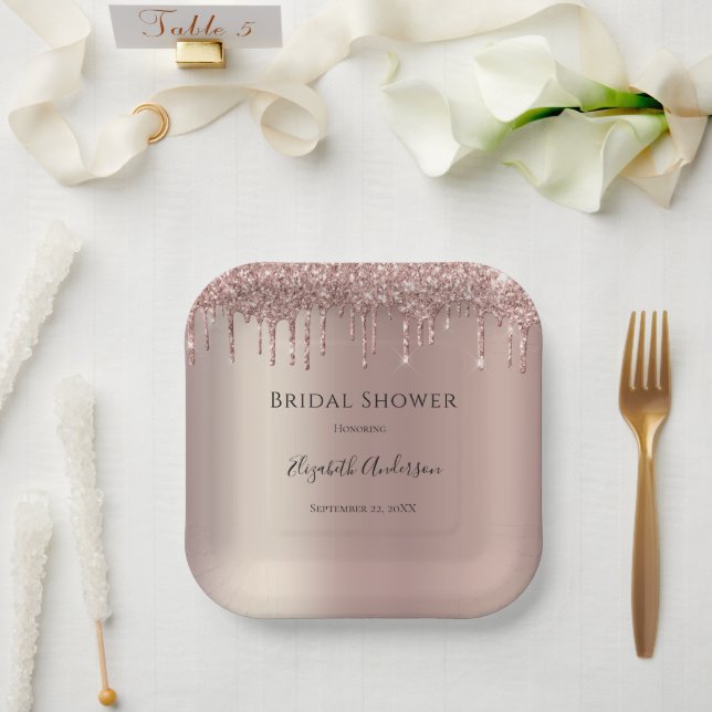 Rose Gold Glitter Drip Glam Trendy Bridal Shower Paper Plate (Wedding)