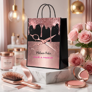 Rose Gold Glitter Drip Hair Stylist & Scissors Medium Gift Bag