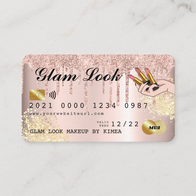 Rose Gold Glitter Drip Makeup Artist Credit Card (Front)