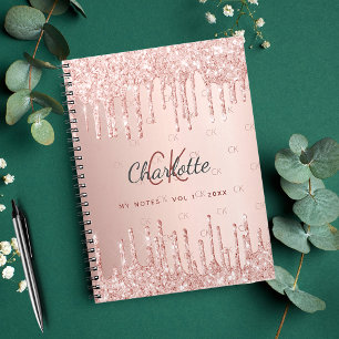 Rose gold glitter drip monogram name script notebook