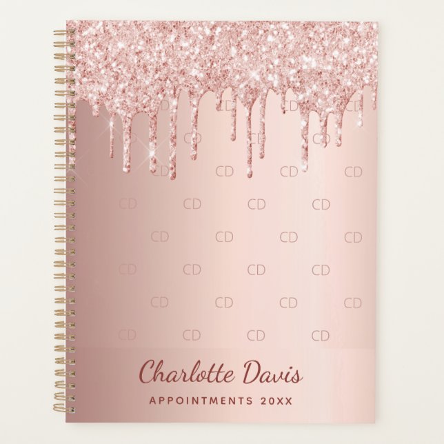 Rose gold glitter drip monogram script 2026 planner (Front)