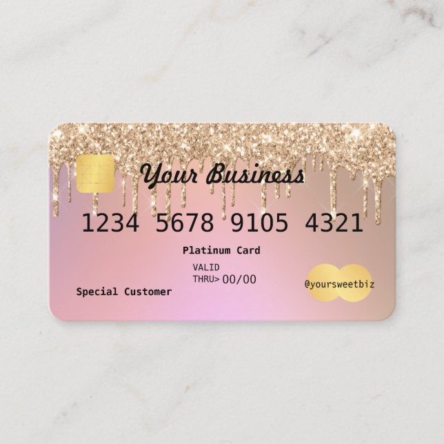 Rose Gold Glitter Drip Ombre Credit Business Card (Front)