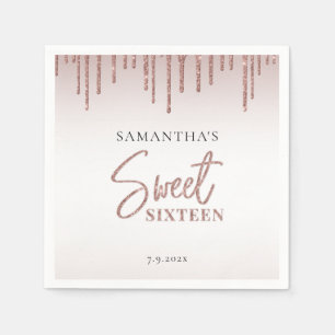 Rose Gold Glitter Drip Script Sweet 16 Party Paper Napkin