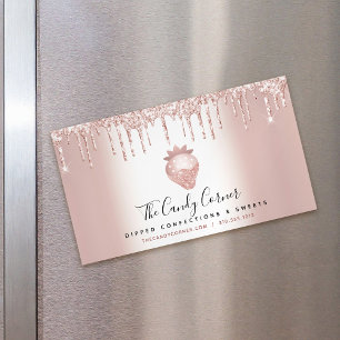 Rose Gold Glitter Drip Strawberry Confection Sweet Magnetic Business Card