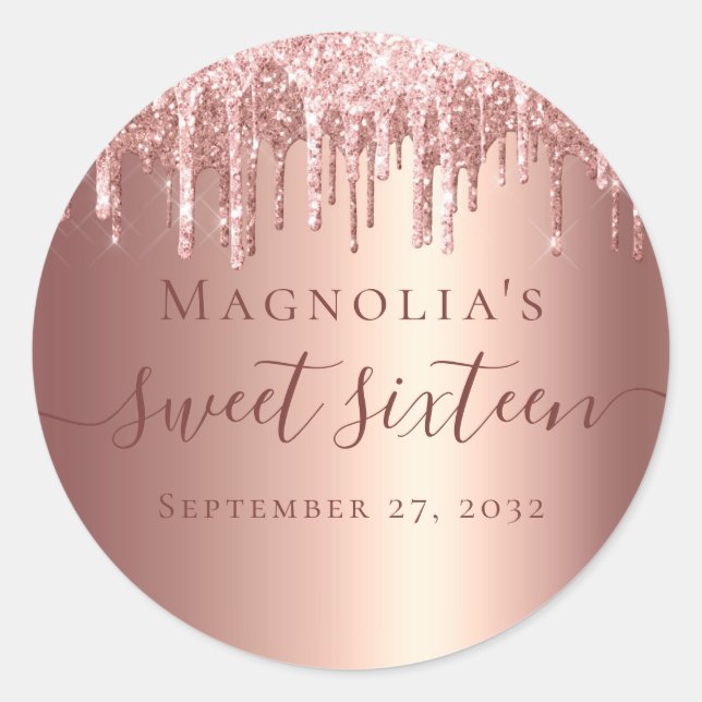 Rose Gold Glitter Drip Sweet Sixteen Classic Round Sticker (Front)