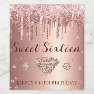 Rose Gold Glitter Drip Sweet Sixteen Wine Label