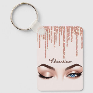 Rose Gold Glitter Drip With Feminine Eye Makeup Key Ring