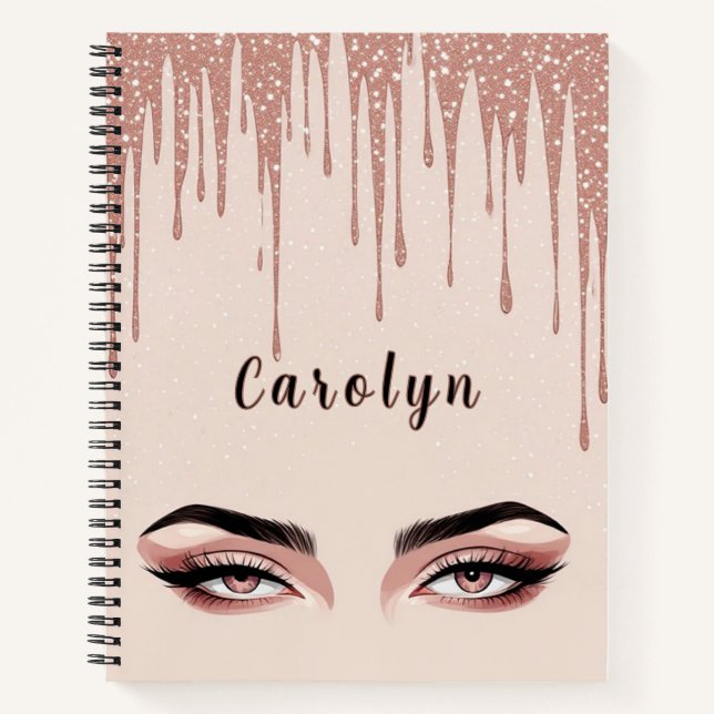 Rose Gold Glitter Drip With Feminine Eye Makeup Notebook (Front)