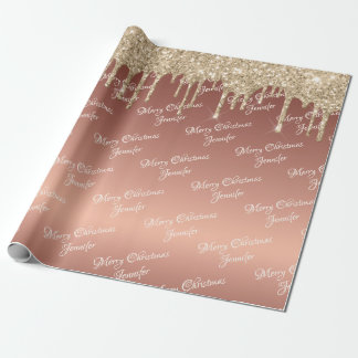 Rose Gold Glitter Dripping Christmas Name Script Wrapping Paper